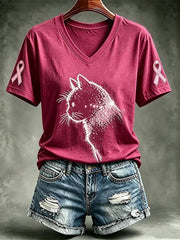 Women's Breast Cancer Awareness Cat Print Short-sleeved T-shirt