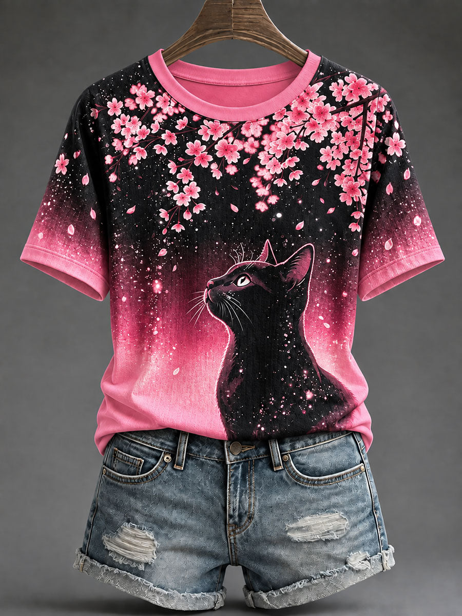 Women's Breast Cancer Awareness Cat Print Casual T-Shirt