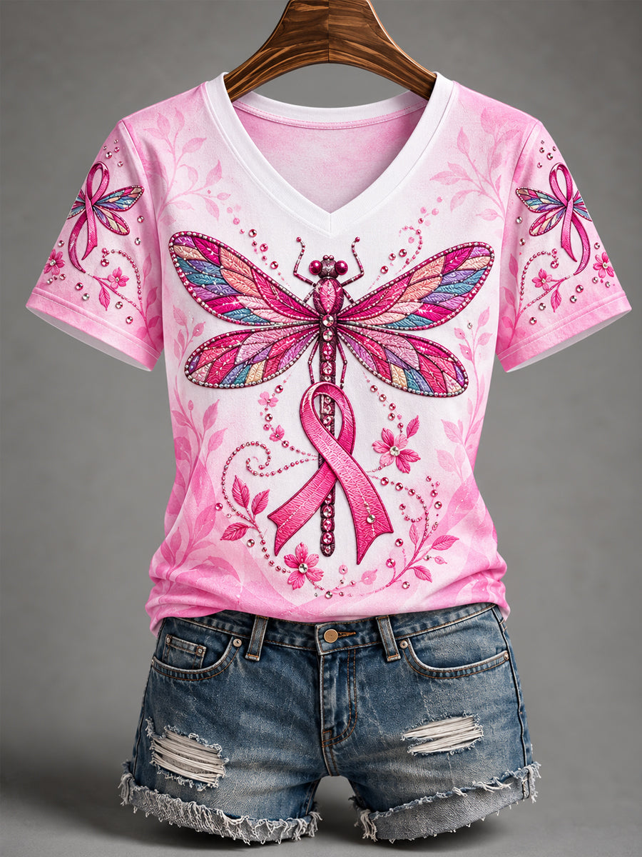 Women's Pink Ribbon Dragonfly Print Breast Cancer Awareness Support V-Neck Tee