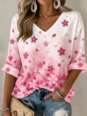 Women's Breast Cancer Mid-length Sleeves V-Neck T-Shirt