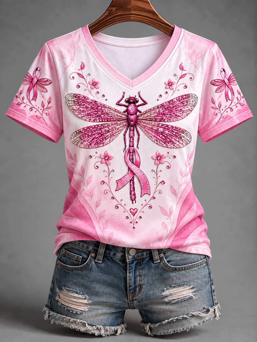 Women's Pink Ribbon Dragonfly Print Breast Cancer Awareness Support V-Neck Tee