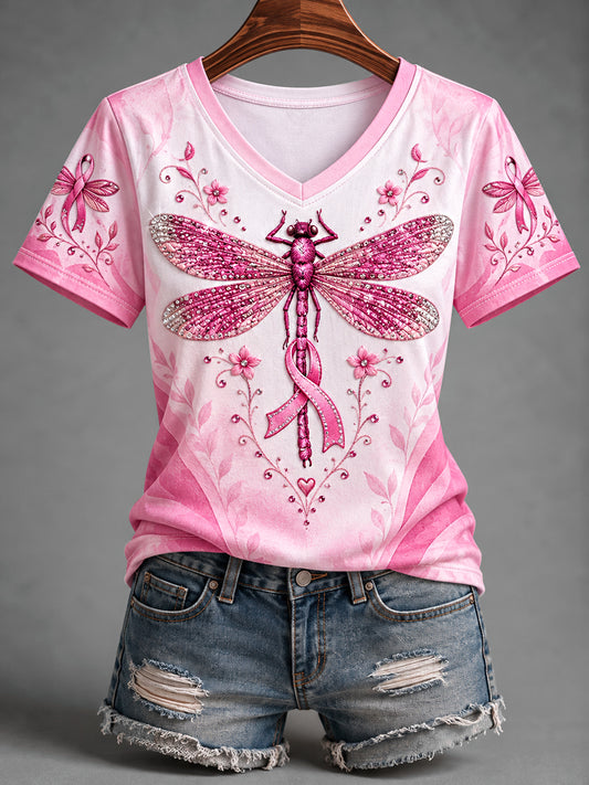 Women's Pink Ribbon Dragonfly Print Breast Cancer Awareness Support V-Neck Tee
