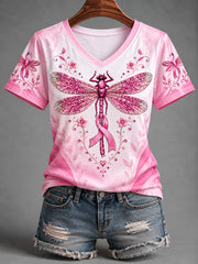 Women's Pink Ribbon Dragonfly Print Breast Cancer Awareness Support V-Neck Tee
