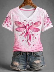 Women's Pink Ribbon Dragonfly Print Breast Cancer Awareness Support V-Neck Tee