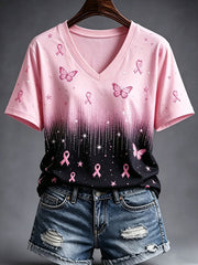 Women's Breast Cancer Awareness Butterfly Print Short-sleeved T-shirt
