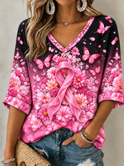 Women's Breast Cancer Awareness Pink Ribbon Support Mid-length Sleeves V-Neck T-Shirt