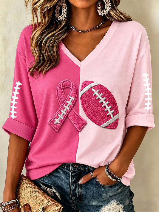 Women's Tackle Breast Cancer Pink Ribbon & Football Print Breast Cancer Awareness Support Half-Sleeve V-Neck T-Shirt
