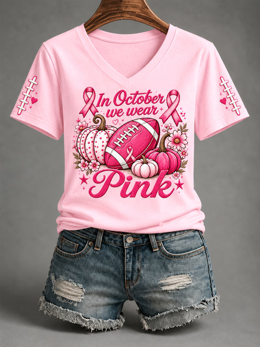 Women's Tackle Breast Cancer In October We Wear Pink Football Print Breast Cancer Awareness Support V-Neck Tee