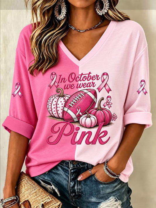 Women's Tackle Breast Cancer In October We Wear Pink Football Print Breast Cancer Awareness Support Half-Sleeve V-Neck T-Shirt
