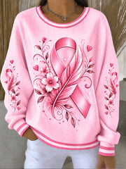 Women's Breast Cancer Awareness Pink Ribbon Support  Ribbed Round-Neck Sweatshirt