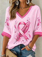 Women's Breast Cancer Awareness Pink Ribbon Support Mid-length Sleeves V-Neck T-Shirt