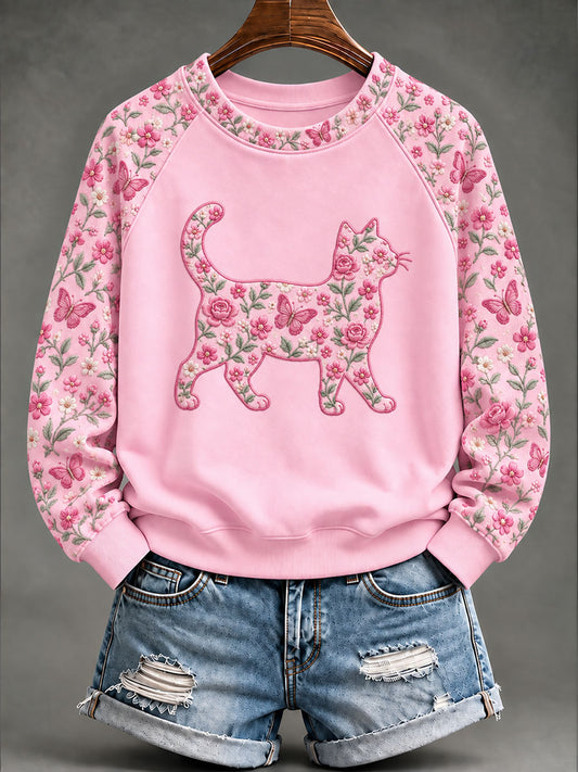 Women's Breast Cancer Cat Floral Print Casual Sweatshirt