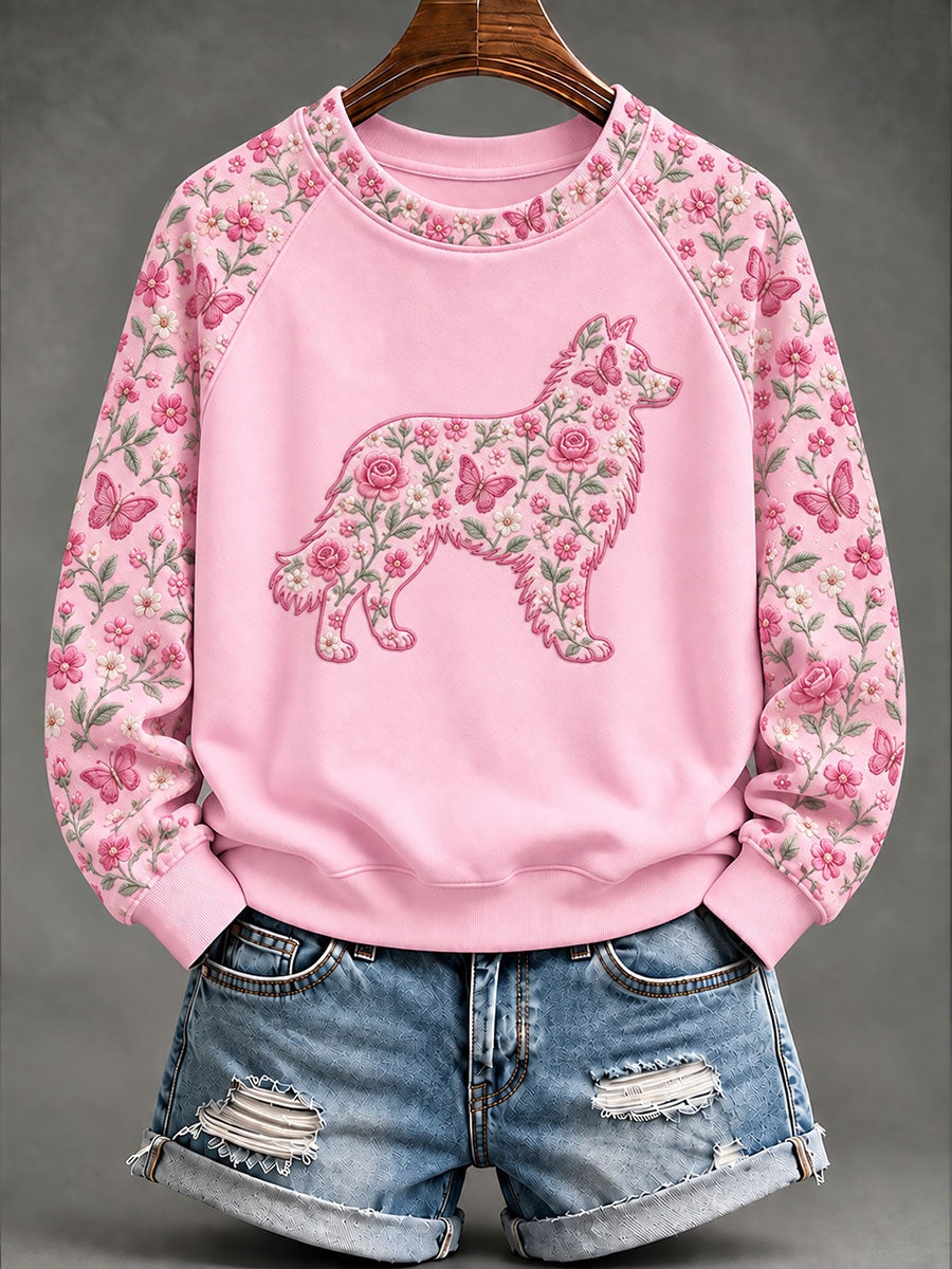 Women's Breast Cancer Sheepdog Floral Print Casual Sweatshirt