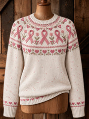 Women's Vintage Pink Ribbon Yoke Isle Print Long-sleeved Sweater