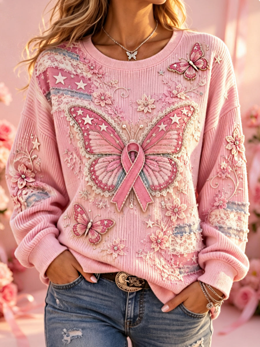 Women's Breast cancer awareness floral embroidery art Ribbed Round-Neck Sweatshirt