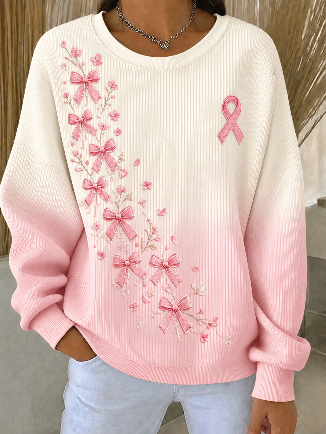 Women's Breast Cancer Ribbed Round-Neck Sweatshirt