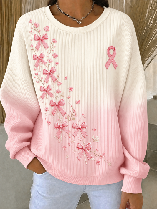 Women's Breast Cancer Ribbed Round-Neck Sweatshirt