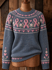 Women's Vintage Pink Ribbon Yoke Isle Print Long-sleeved Sweater