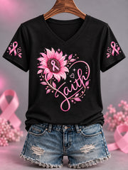 Women's Pink Ribbon Sunflower Faith Print Breast Cancer Awareness Support V-Neck Tee