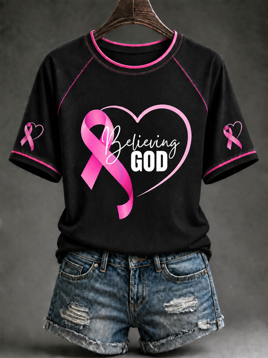 Women's Breast Cancer Awareness Pink Ribbon Support O-Neck T-Shirt