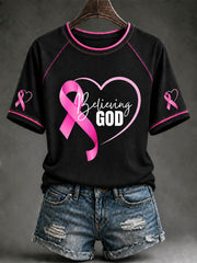 Women's Breast Cancer Awareness Pink Ribbon Support O-Neck T-Shirt