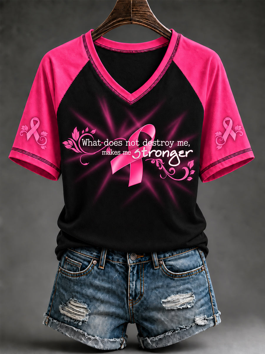 Women's Breast Cancer Awareness Pink Ribbon Support V-Neck Short Sleeve T-Shirt