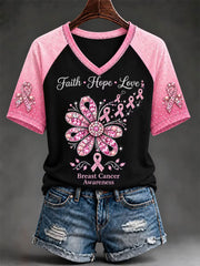 Women's Breast Cancer Awareness Print V-neck T-shirt