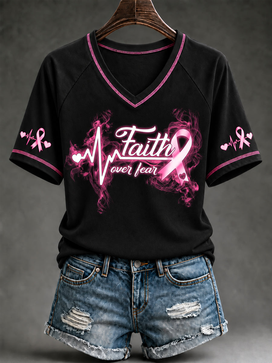 Women's Breast Cancer Awareness Pink Ribbon Support V-Neck Short Sleeve T-Shirt
