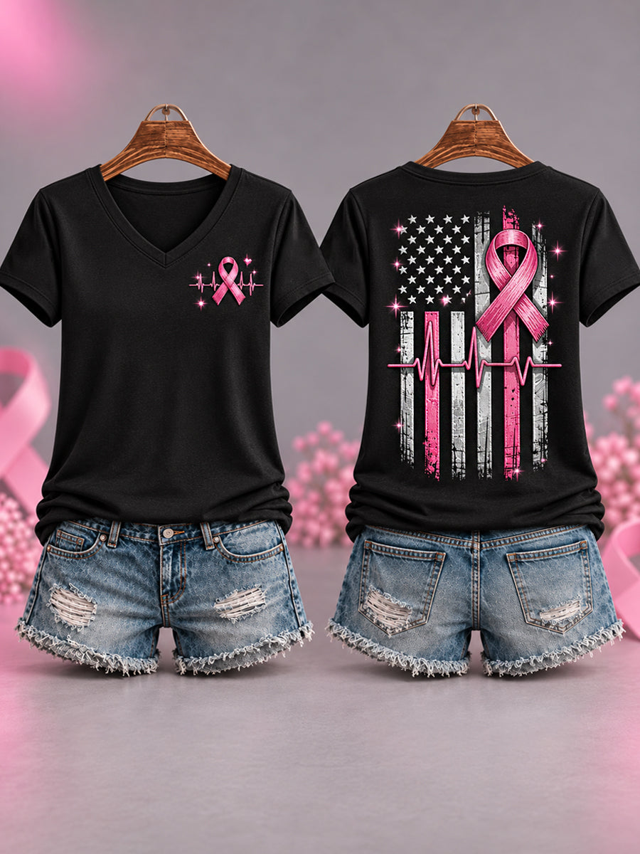 Women's Pink Ribbon US Flag Print Breast Cancer Awareness Support V-Neck Tee