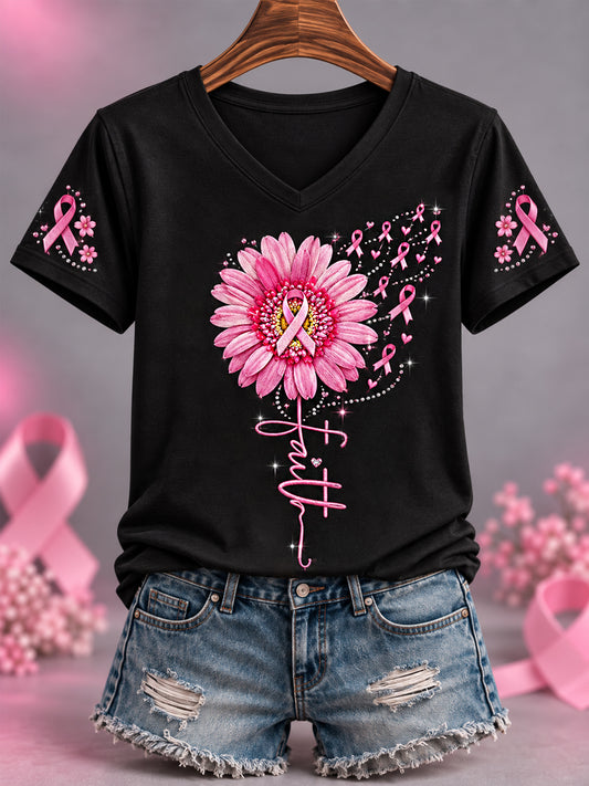 Women's Pink Ribbon Sunflower Faith Print Breast Cancer Awareness Support V-Neck Tee