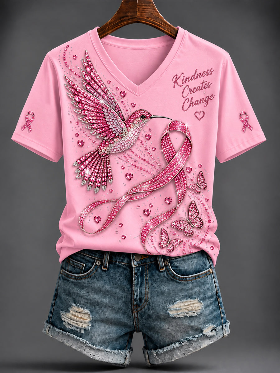 Women's Breast Cancer Pink Printed V-neck T-shirt