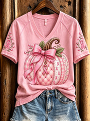 Women's Pink Ribbon Pumpkin Print V-neck Short-sleeved T-shirt