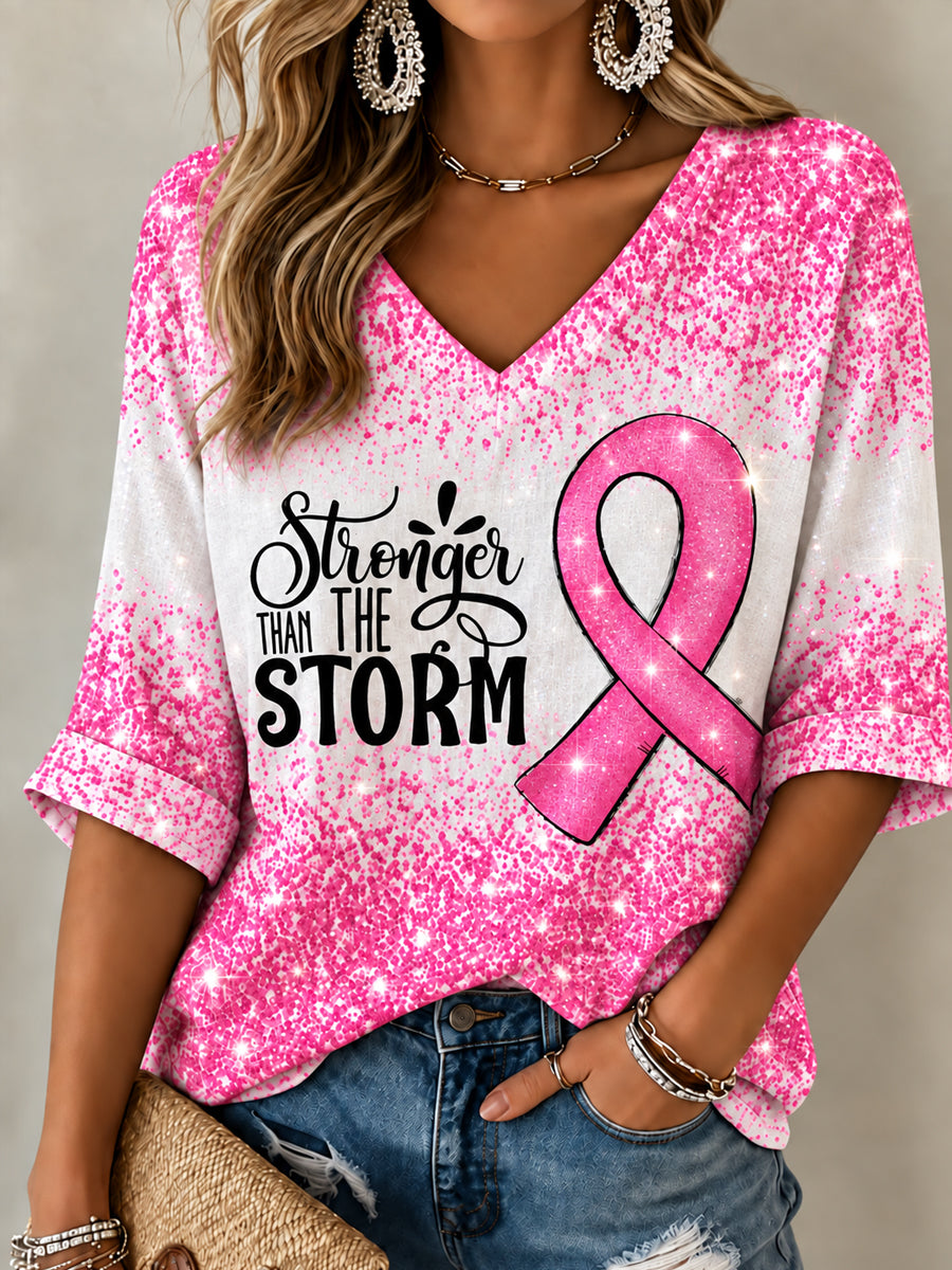 Women's Breast Cancer Awareness Pink Ribbon Support Mid-length Sleeves V-Neck T-Shirt