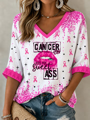 Women's Breast Cancer Awareness Pink Ribbon Support Mid-length Sleeves V-Neck T-Shirt