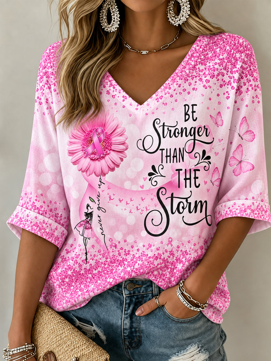 Women's Breast Cancer Awareness Pink Ribbon Support Mid-length Sleeves V-Neck T-Shirt
