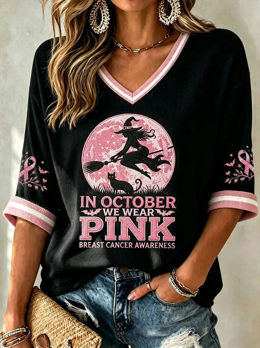 Women's In October We Wear Pink Print Waffle T-shirt