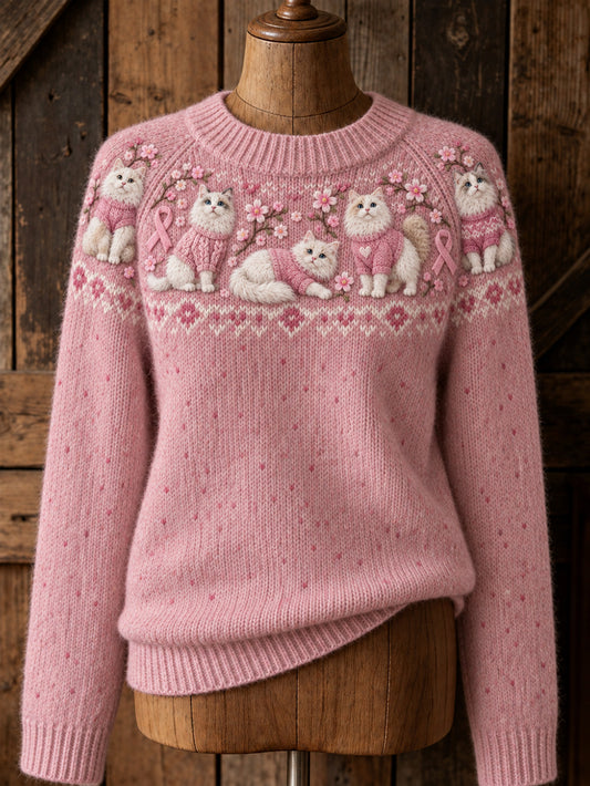 Women's Cat Pattern and Pink Charity Ribbon Design Casual Raglan Sleeve Sweater