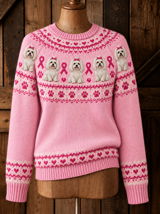 Women's Vintage Pink Ribbon Maltese Yoke Isle Print Long-sleeved Sweater