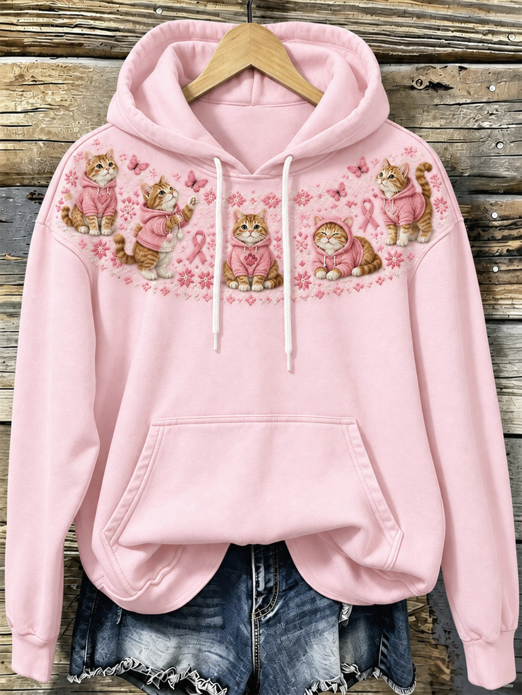 Women's Cat Pattern and Pink Charity Ribbon Design Casual Hoodie