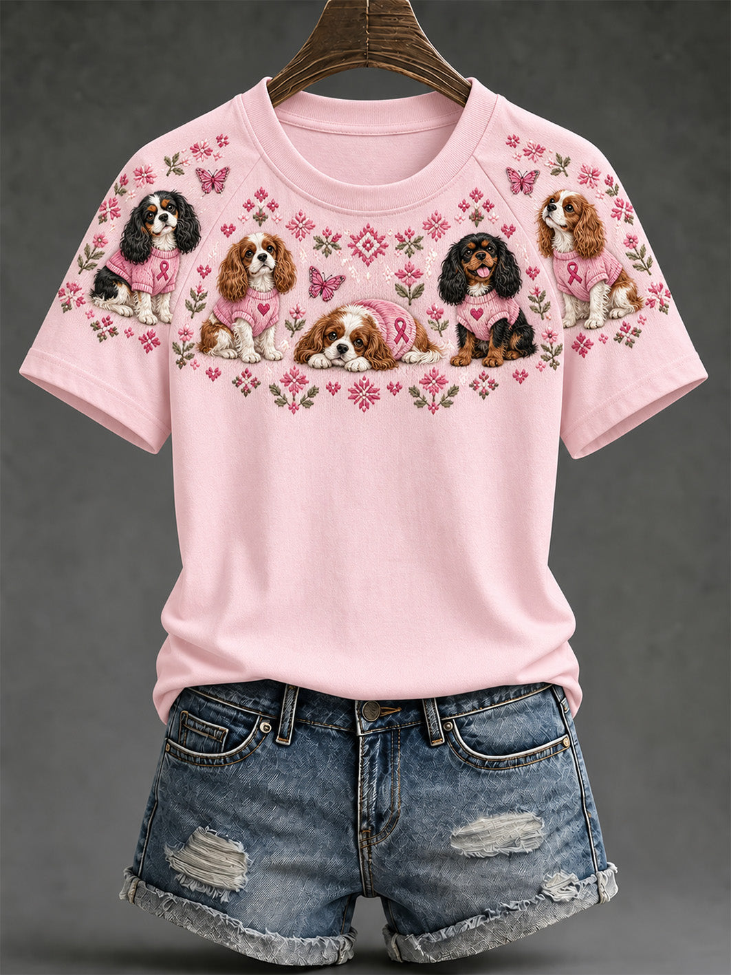 Women's Dog Pattern and Pink Charity Ribbon Design Casual  Short sleeve T-shirt