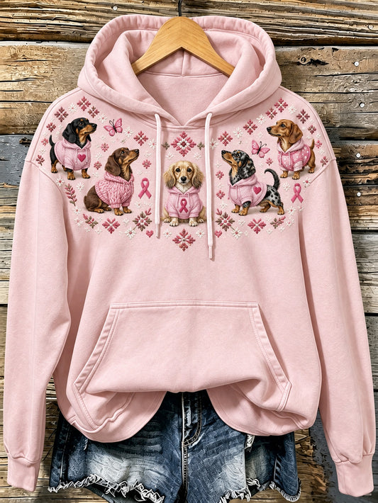 Women's Dog Pattern and Pink Charity Ribbon Design Casual  Hoodie