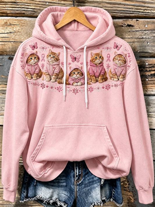 Women's Cat Pattern and Pink Charity Ribbon Design Casual Hoodie
