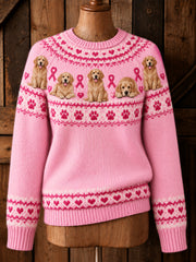 Women's Vintage Pink Ribbon Golden Retriever Yoke Isle Print Long-sleeved Sweater