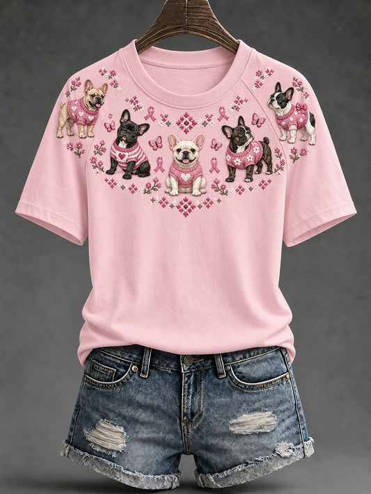 Women's Dog Pattern and Pink Charity Ribbon Design Casual  Short Sleeve T-Shirt