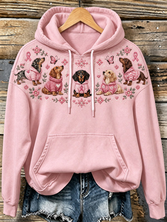Women's Dog Pattern and Pink Charity Ribbon Design Casual Hoodie