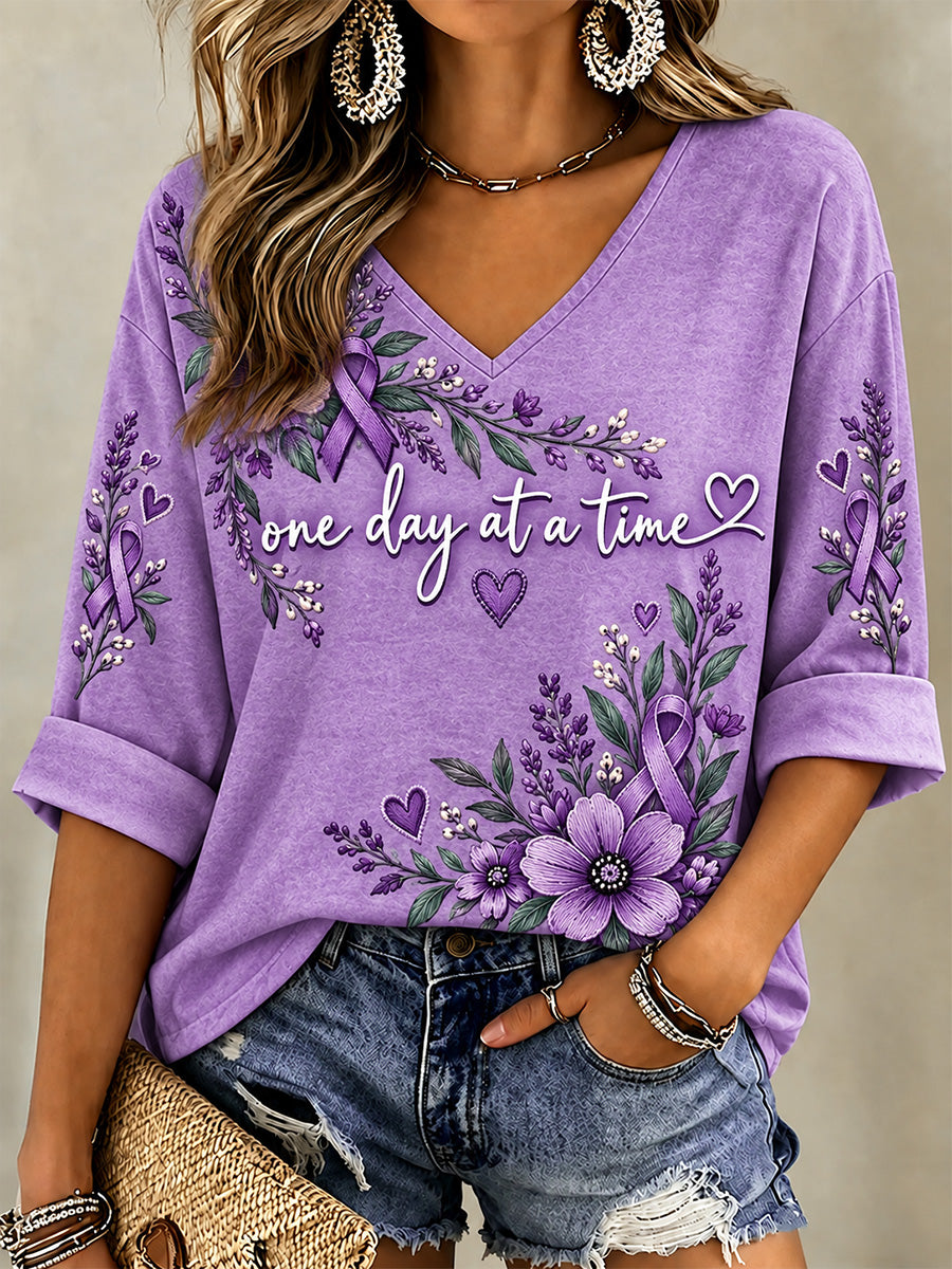 Women's Purple Floral & Alzheimer's Awareness Support Print V-Neck Top