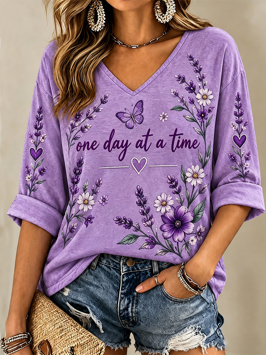 Women's Purple Floral & Alzheimer's Awareness Support Print V-Neck Top