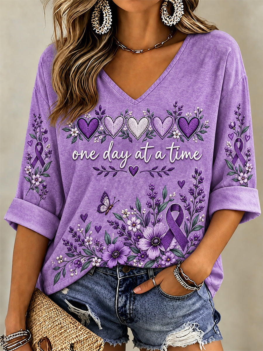 Women's Purple Floral & Alzheimer's Awareness Support Print V-Neck Top