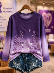 Women's Purple floral print Round neck long sleeve T-shirt