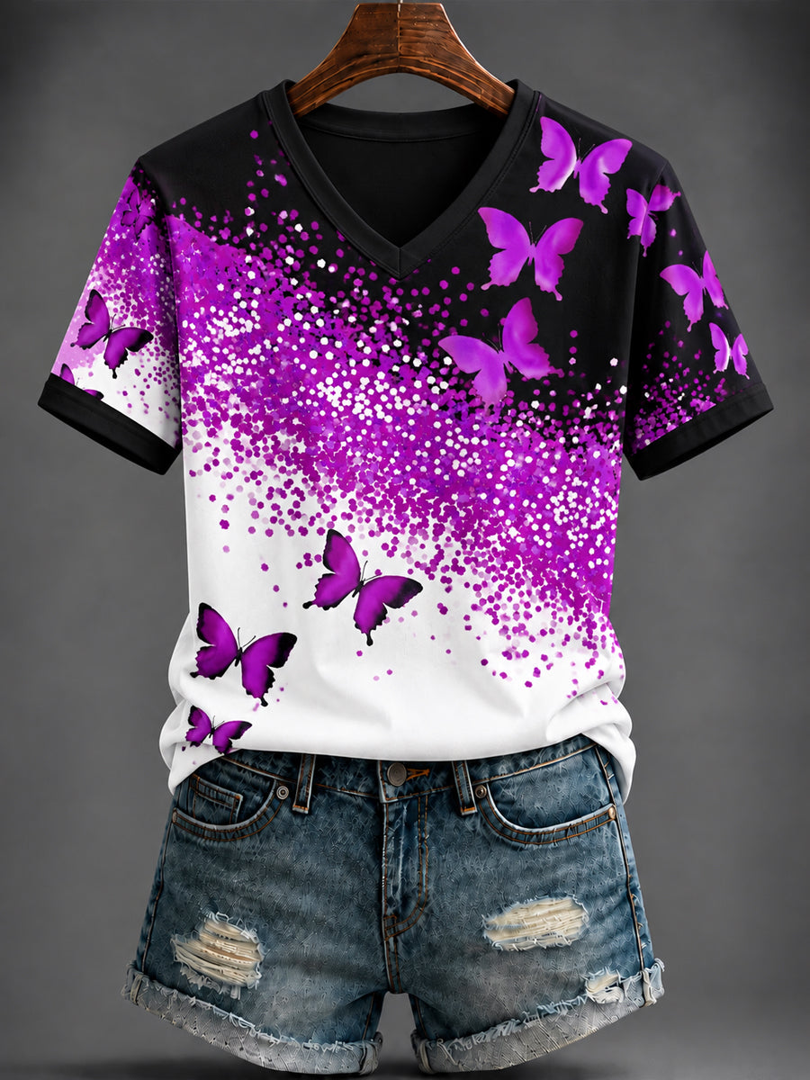 Women's Purple Art Printed V-neck T-shirt